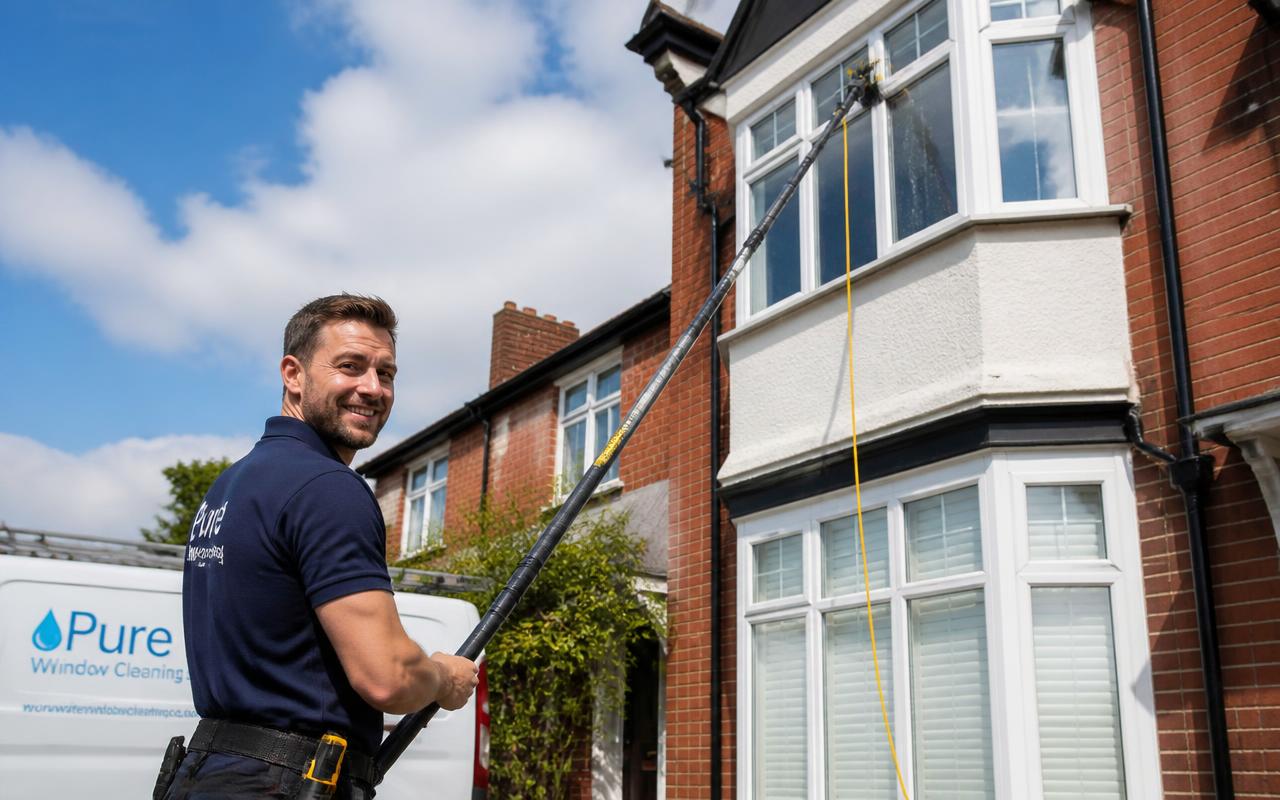 Window cleaner using a water-fed pole on a British house